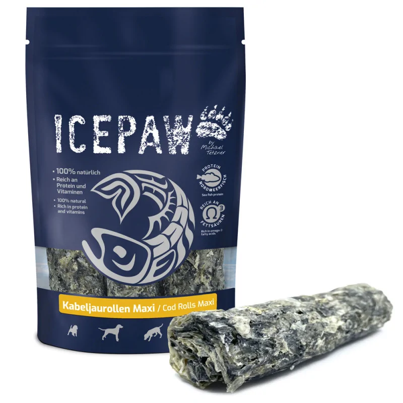 ICEPAW Kabeljaurollen Maxi - roladki z dorsza do 偶ucia dla ps贸w 3szt,100% naturalne produkt ok 180g