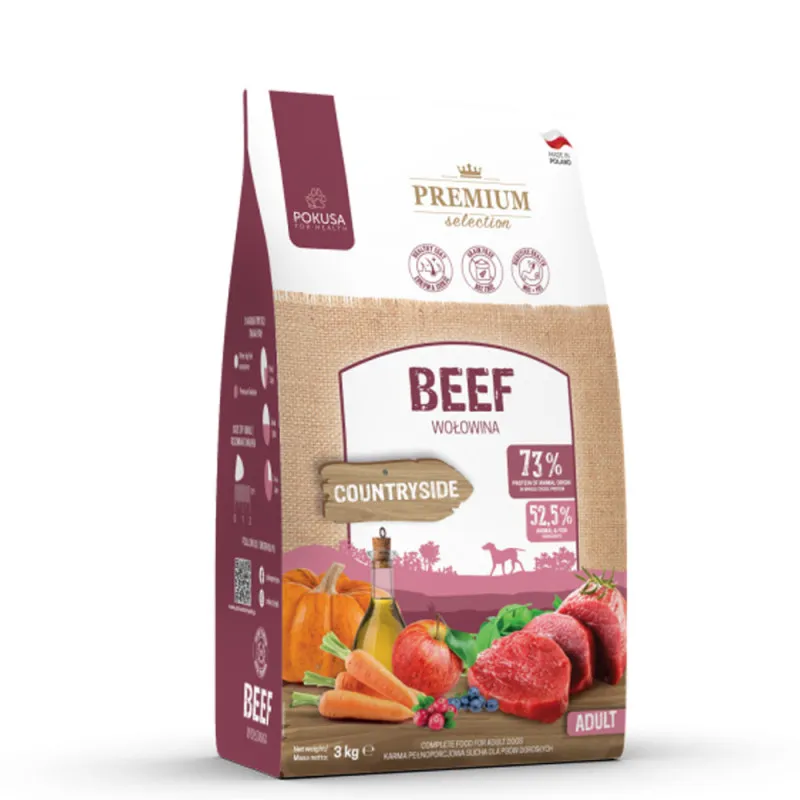 Pokusa Premium Selection karma sucha o smaku wołowiny przeznaczona dla psów dorosłych produkt 3 kg