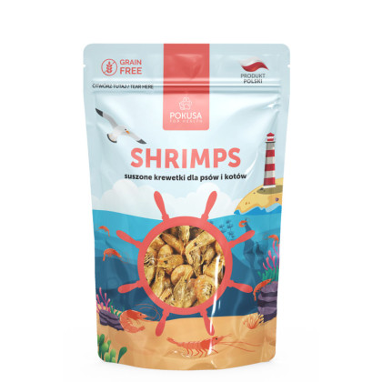 Pokusa Suszone Krewetki Shrimps Dla Psów i Kotów produkt w 100% naturalny, bez sztucznych konserwantów, i barwników
