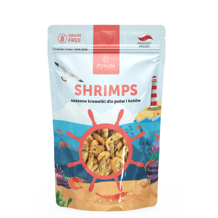 Pokusa Suszone Krewetki Shrimps Dla Ps贸w i Kot贸w produkt w 100% naturalny, bez sztucznych konserwant贸w, i barwnik贸w