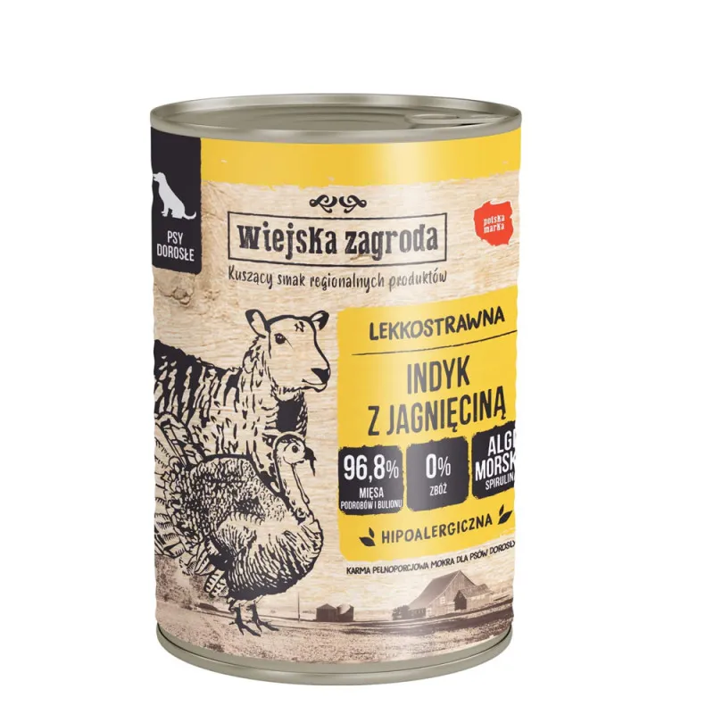 Wiejska Zagroda Indyk z jagnięciną Mokra karma dla psów Bez zbóż, bez glutenu produkt 400g