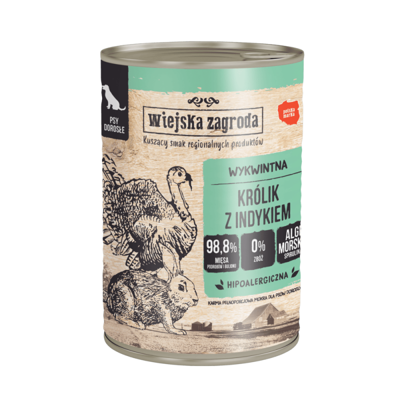 Wiejska Zagroda Królik z indykiem Mokra karma dla psów  Bez zbóż, bez glutenu  400g