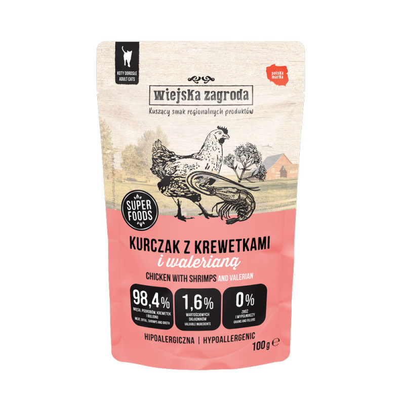 Wiejska Zagroda Kurczak z krewetkami i walerianą karma mokra dla kota 100g