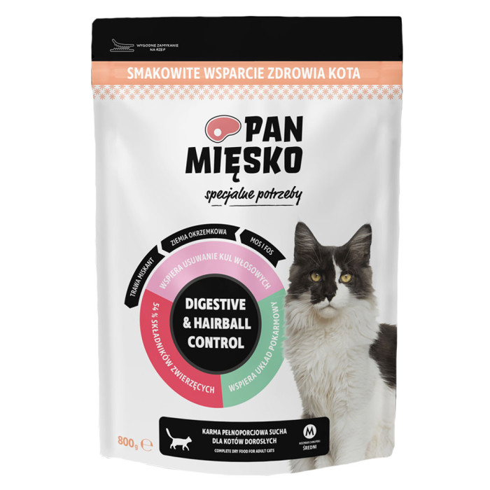Pan Mięsko Digestive & Hairball Control sucha karma dla kota 800g