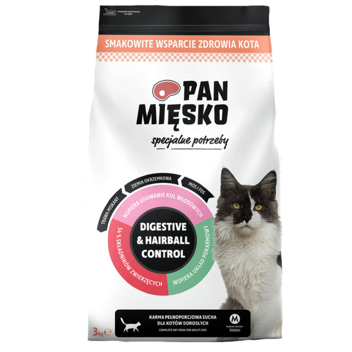Pan Mięsko Digestive & Hairball Control sucha karma dla kota 3kg