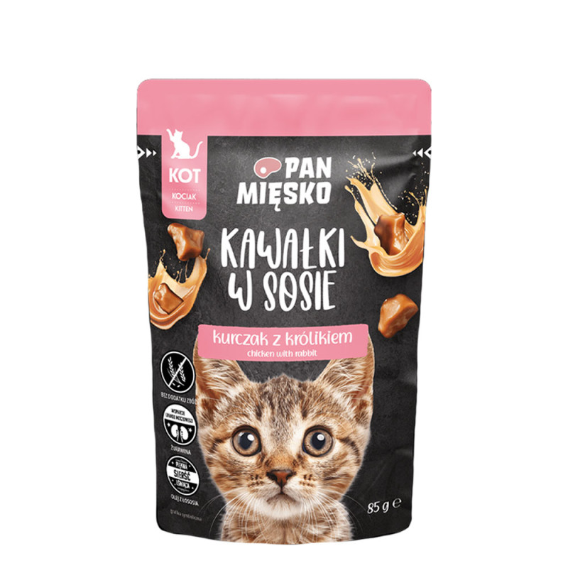 Pan Mięsko Kawałki w sosie Kurczak z królikiem mokra karma dla kociąt 85g