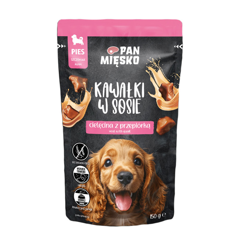 Pan Mięsko Kawałki w sosie Cielęcina z przepiórką mokra karma dla szczeniąt 150g