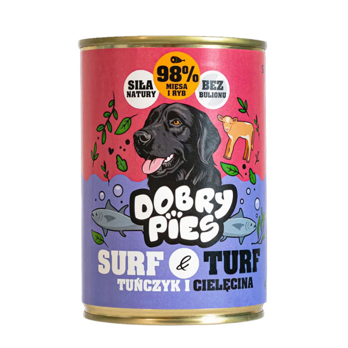 Dobry Pies Surf&Turf Tuńczyk i cielęcina z miętą mokra karma dla psa 400g