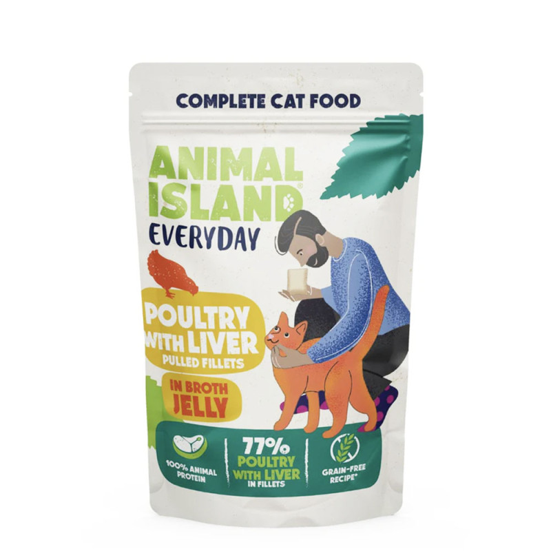 Animal Island Szarpane Fileciki w Galarecie z Rosołu Drób Wątróbka mokra karma dla kota 85g